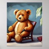 Niedlicher Blaubrauner Teddybär sitzend auf Stuhl Poster (Vorne)