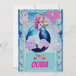 Niedlicher Blaue Meerjungfrau-Kindergeburtstag Einladung