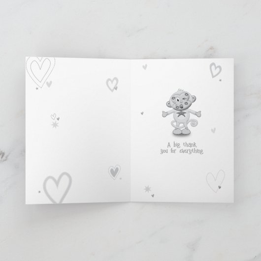 Niedlicher blauer Affe mit Herzen geklappt Dankesc Dankeskarte (Innenseite)