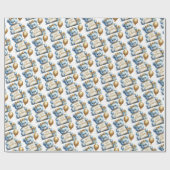 Niedlicher blauer Babybär mit Goldballon glücklich Geschenkpapier (Flach)