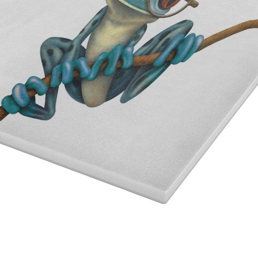 Niedlicher blauer Baum-Frosch mit Augen-Gläsern Schneidebrett (Ecke)