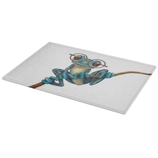 Niedlicher blauer Baum-Frosch mit Augen-Gläsern Schneidebrett (Ecke)