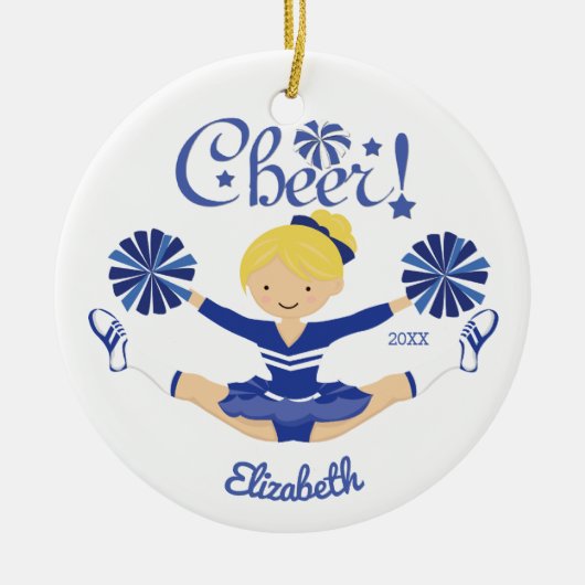 Niedlicher blauer Beifall-blonde Cheerleader Keramikornament (Vorne)