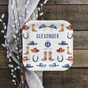 Niedlicher blauer brauner Pferd Cowboyhut Stiefel Pappteller