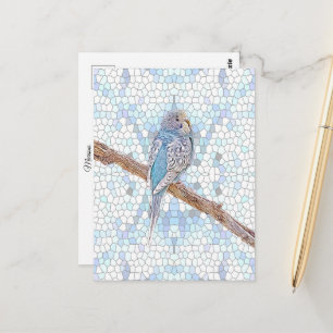 Niedlicher blauer Budgie auf Mosaikhintergrund Postkarte