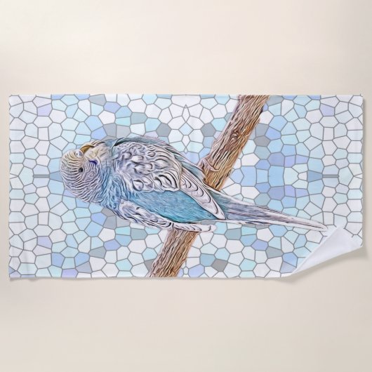 Niedlicher blauer Budgie auf Mosaikhintergrund Strandtuch (Vorderseite)
