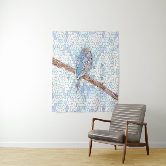 Niedlicher blauer Budgie auf Mosaikhintergrund Wandteppich (Beispiel)