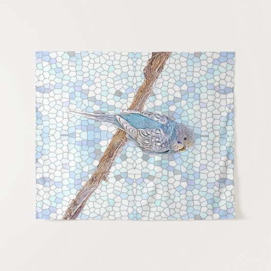 Niedlicher blauer Budgie auf Mosaikhintergrund Wandteppich (Vorderseite (Horizontal))