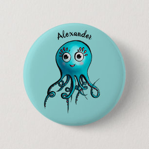 Niedlicher blauer Cartoon-Oktopus - lächelndes Mee Button