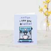 Niedlicher blauer Cartoon Teacup Latte Pun Valenti Karte (Gelbe Blume)