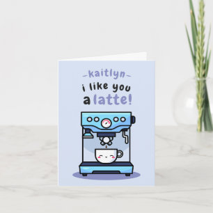 Niedlicher blauer Cartoon Teacup Latte Pun Valenti Karte