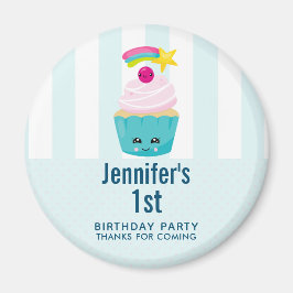 Niedlicher Blauer Cupcake mit Kawaii Face Birthday Magnet