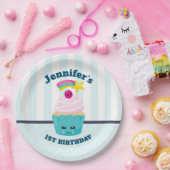 Niedlicher Blauer Cupcake mit Kawaii Face Geburtst Pappteller (Party)
