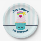 Niedlicher Blauer Cupcake mit Kawaii Face Geburtst Pappteller (Vorderseite)