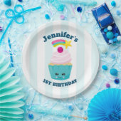 Niedlicher Blauer Cupcake mit Kawaii Face Geburtst Pappteller (Party)