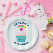 Niedlicher Blauer Cupcake mit Kawaii Face Geburtst Pappteller (Party)