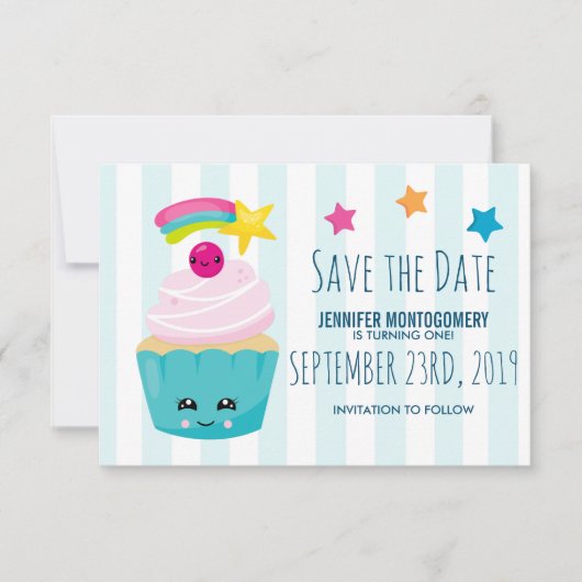 Niedlicher Blauer Cupcake mit Kawaii Face Geburtst Save The Date (Vorderseite)