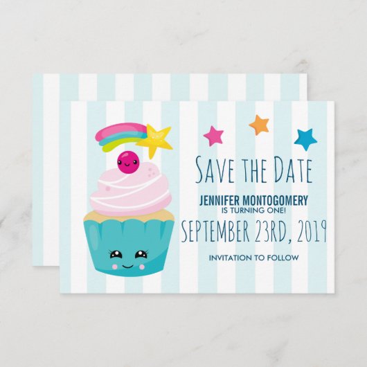 Niedlicher Blauer Cupcake mit Kawaii Face Geburtst Save The Date (Vorne/Hinten)