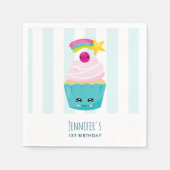 Niedlicher Blauer Cupcake mit Kawaii Face Geburtst Serviette (Vorderseite)