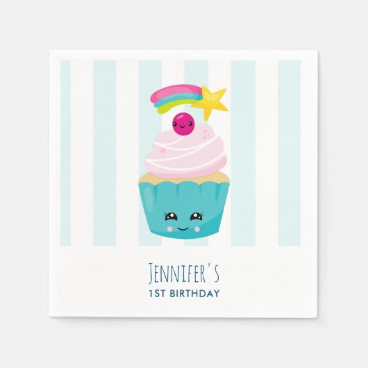 Niedlicher Blauer Cupcake mit Kawaii Face Geburtst Serviette (Vorderseite)