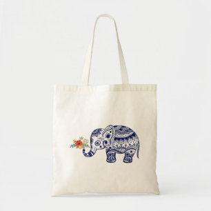 Niedlicher blauer Elefant mit farbenfrohen Blume Tragetasche