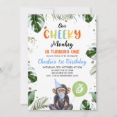 Niedlicher Blauer Hut Unser frecher Affe 1. Geburt Einladung (Vorderseite)