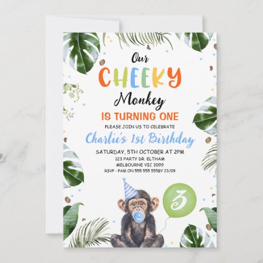 Niedlicher Blauer Hut Unser frecher Affe 1. Geburt Einladung (Vorderseite)