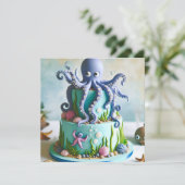 NIEDLICHER BLAUER OCTOPUS-THEMED-GEBURTSTAGSKAKE EINLADUNG (Stehend Vorderseite)