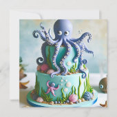 NIEDLICHER BLAUER OCTOPUS-THEMED-GEBURTSTAGSKAKE EINLADUNG (Vorderseite)