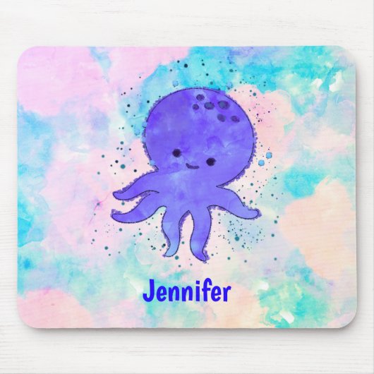 Niedlicher Blauer Oktopus Cartoon Aquarell Individ Mousepad (Vorne)