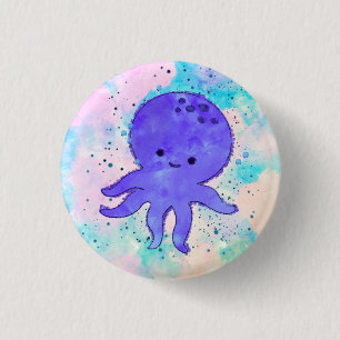 Niedlicher Blauer Oktopus Cartoon Wasserfarbe Button