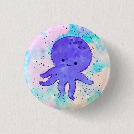 Niedlicher Blauer Oktopus Cartoon Wasserfarbe Button (Vorderseite)