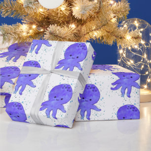 Niedlicher Blauer Oktopus Cartoon Wasserfarbe Geschenkpapier
