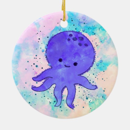 Niedlicher Blauer Oktopus Cartoon Wasserfarbe Keramik Ornament (Hinten)