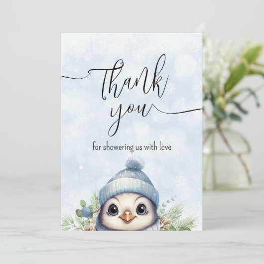 Niedlicher blauer Pinguin Winterschnee Danke Karte (Stehend Vorderseite)