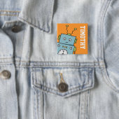 Niedlicher blauer Roboter mit personalisiertem Button (Beispiel)