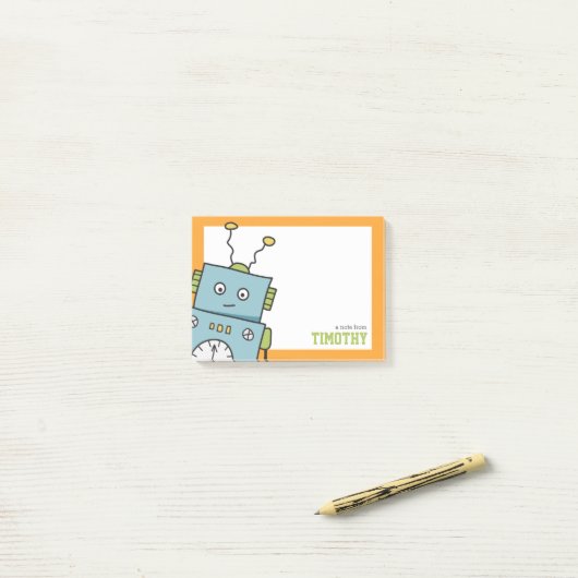 Niedlicher Blauer Roboter mit Personalisiertem Nam Post-it Klebezettel (Auf Schreibtisch)