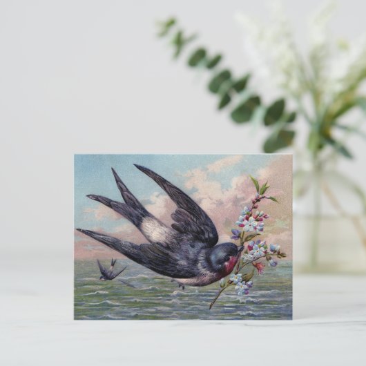 Niedlicher Blauer Schwalbenvogel und Hübsche Blume Postkarte (Stehend Vorderseite)