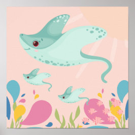 Niedlicher blauer Stechrochen in rosa Ozeanszene Poster