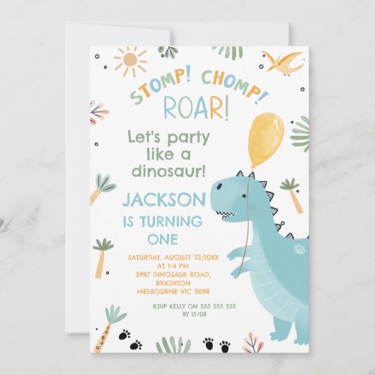 Niedlicher Blauer Stomp Chomp Party Dinosaur 1. Ge Einladung (Vorderseite)
