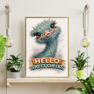 Niedlicher blauer Strauß-Sketch – „Hallo Süße Wang Poster