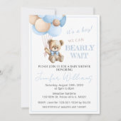 Niedlicher blauer Teddy Bärenballon Babydusche Einladung (Vorderseite)