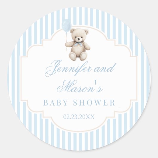 Niedlicher blauer Teddyballon Boho Babydusche Runder Aufkleber (Vorderseite)