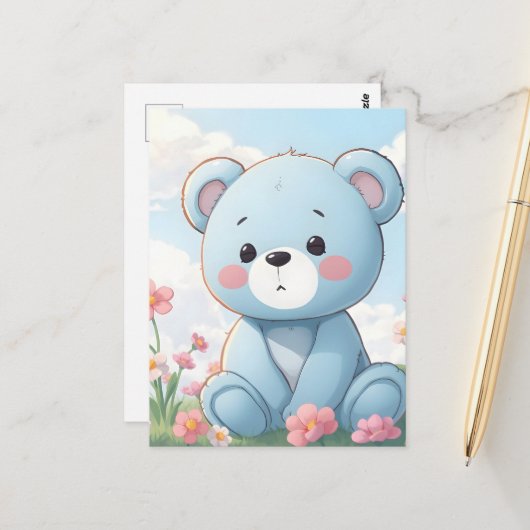 Niedlicher blauer Teddybär im Garten Postkarte (Vorderseite/Rückseite Beispiel)
