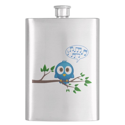 Niedlicher blauer Twittervogel-Cartoon Flachmann (Vorderseite)
