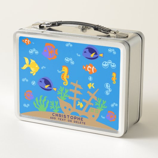 Niedlicher blauer Unterwasserfisch zurück zur Schu Metall Brotdose (Rückseite)