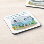 Niedlicher blauer Vintager Retro Camper-Wohnwagen Getränkeuntersetzer (Linke Seite)