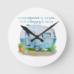 Niedlicher blauer Vintager Retro Camper-Wohnwagen Runde Wanduhr