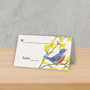 Niedlicher Blauer Vogel auf zweigelben Blumen Platzkarte