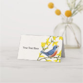 Niedlicher Blauer Vogel auf zweigelben Blumen Platzkarte (Rückseite)